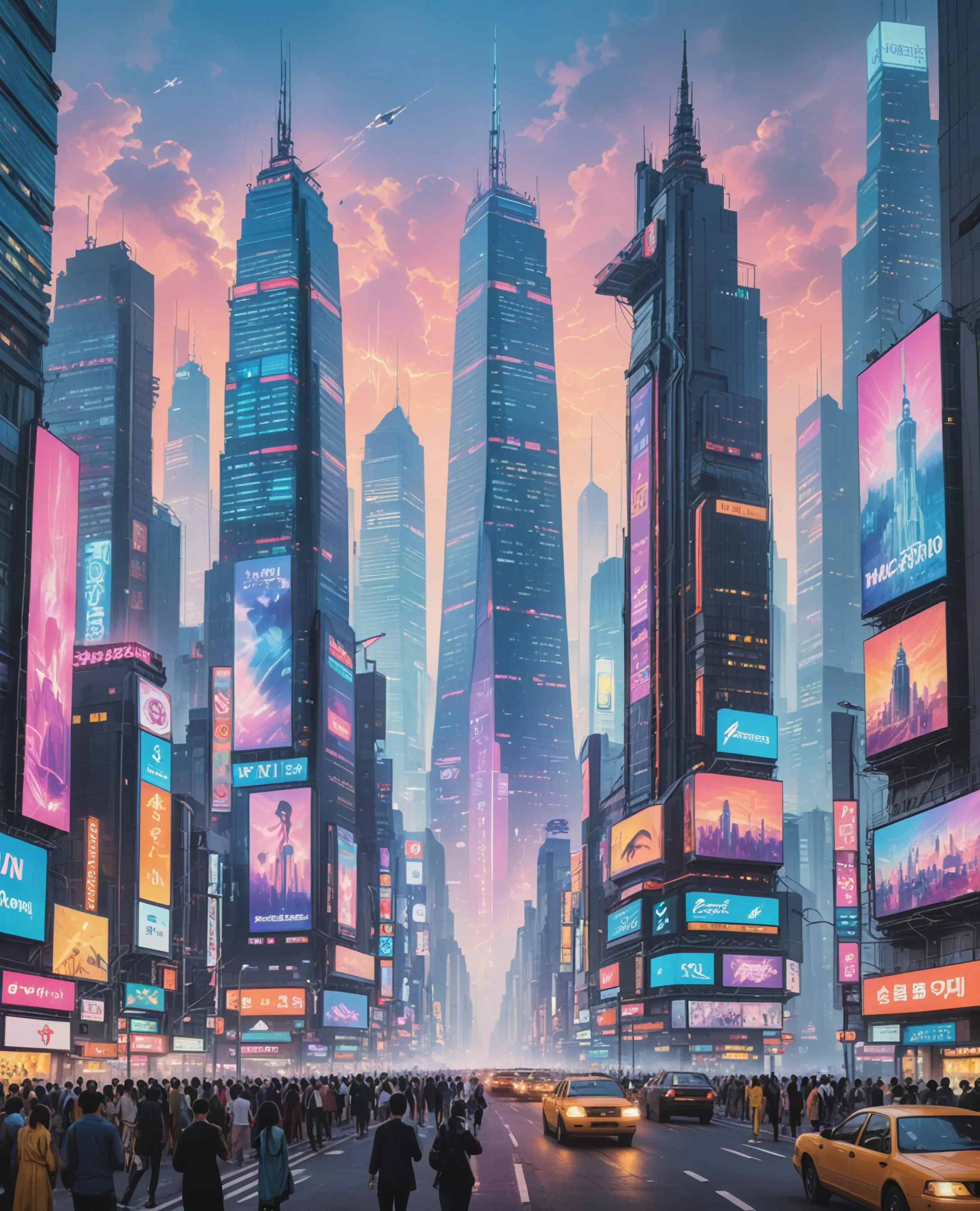 Cyberpunk city in the daylight, bustling with people.