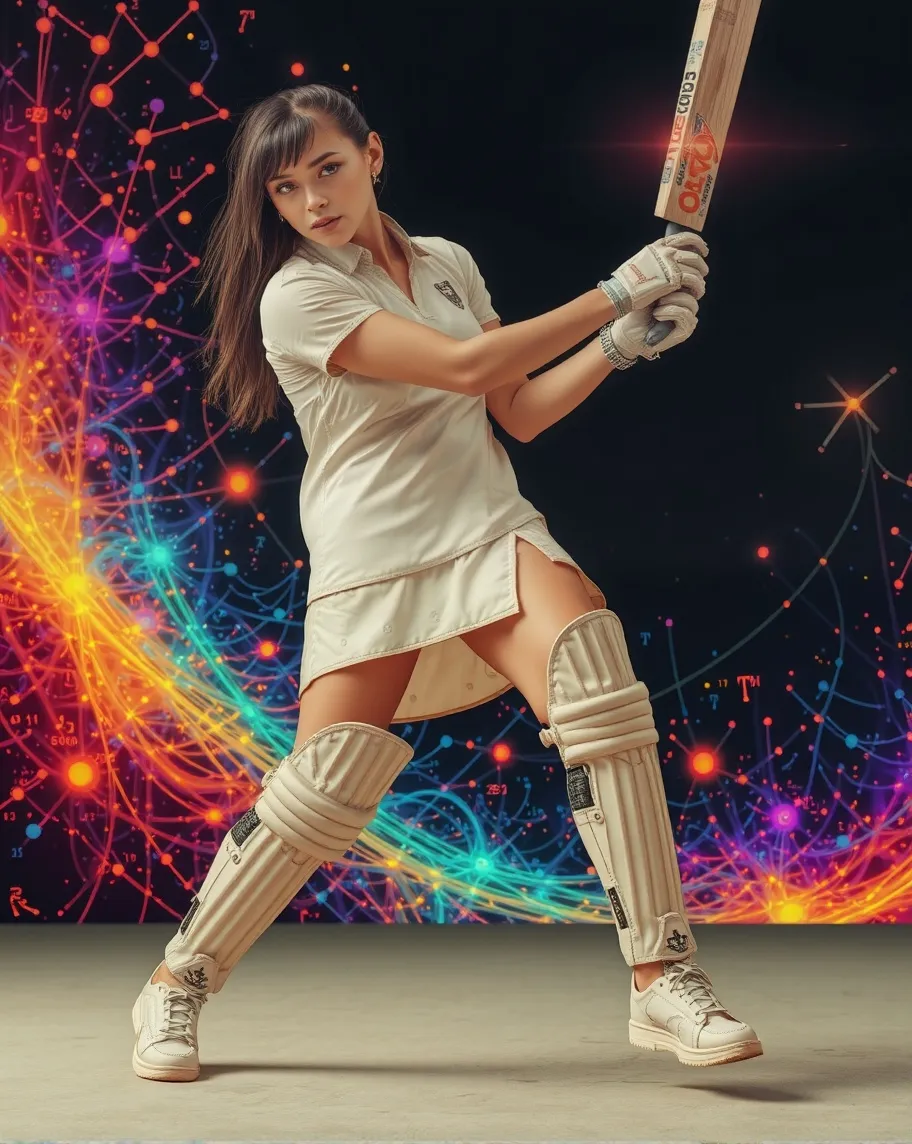 Capture a (((cricketer engaged in a dynamic bating stance))), with elements of (((mathematics and physics))), incorporated into the scene through colorful equations and symbols, set against a (vividly contrasting backdrop), intricate, hyper detailed, trending on artstation, lightwave, unreal engine