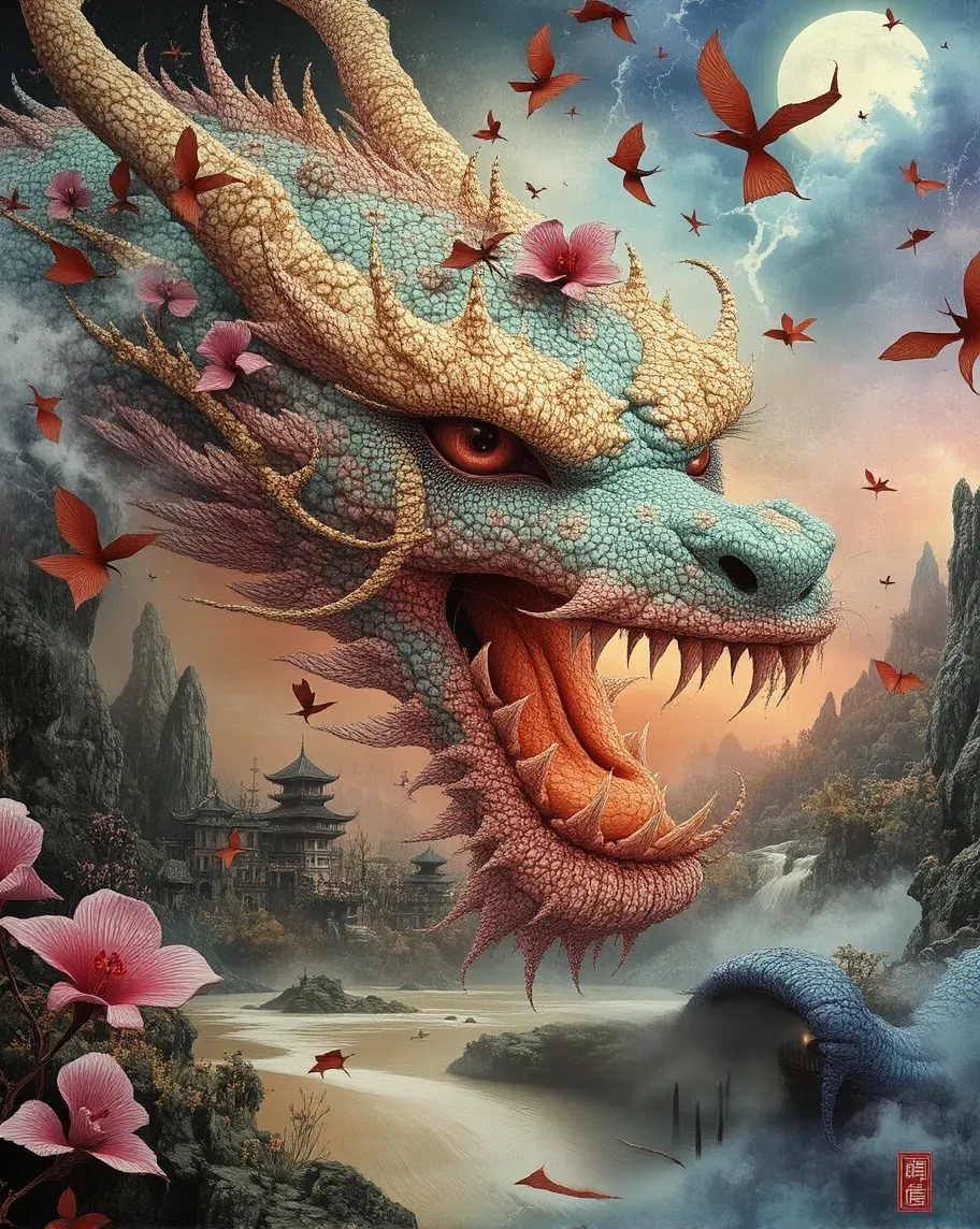 A beautiful Chinese dragon, the ultimate god of thunder and lightning, thunder and lightning, the dragon King, WLOP, magical, mysterious, powerful, 32k highly detailed, glossy, oil on canvas, wet ink art, old Chinese watercolour, beautiful oil painting, omnious, glowing, fierce, Anna Dittmann, fantasy art, hyperrealism, rococo, greg rutkowski, trending on artstation, galactic, bismuth, thunderstorm, firey, akihito yoshida, ivan shishkin, yoshitaka amano, low poly, 3dsmax, vray