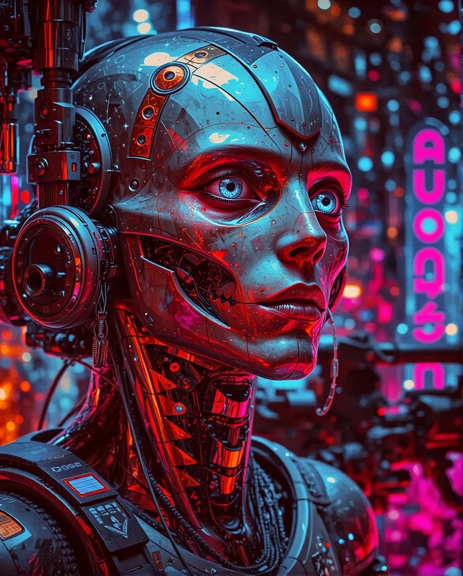 Sniper droid, close up, cyber pop art, graphic novel cover design, techno, psychedelic, neon, 2077 vibe, graffiti artist, cyber face, cyber club, neon, black light, close up, urban art, decay, futuristic, fantasy, cyberpunk, realistic, alternative street art, manga, cinematic, poster style, graphic novel cover