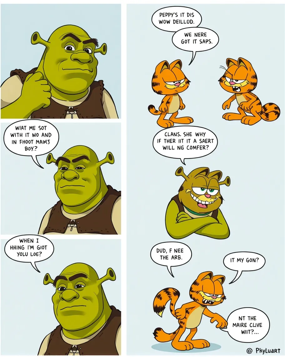 4 panel comic with Shrek and Garfield. Witty dialogue