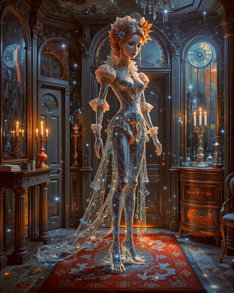 Almost totally transparent spirit of a dead lady from Regency Era England, looks as if made of ice, in a haunted house, still humoristical scene, fantasyland creature, ghostlike transparency and glow 