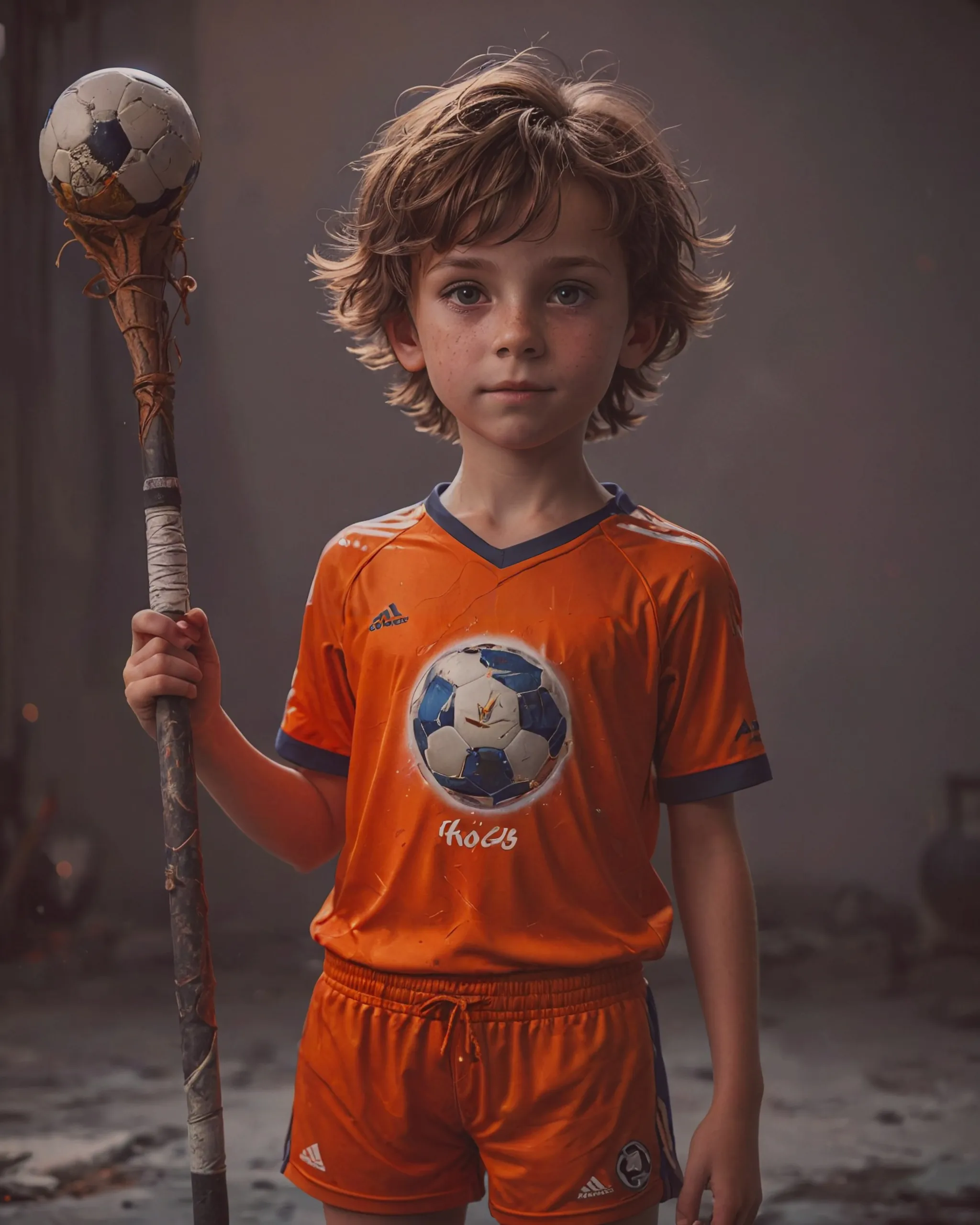 , beautiful, wlop, rendered in blender, 10 year old boy, wearing soccer shorts, holding stick