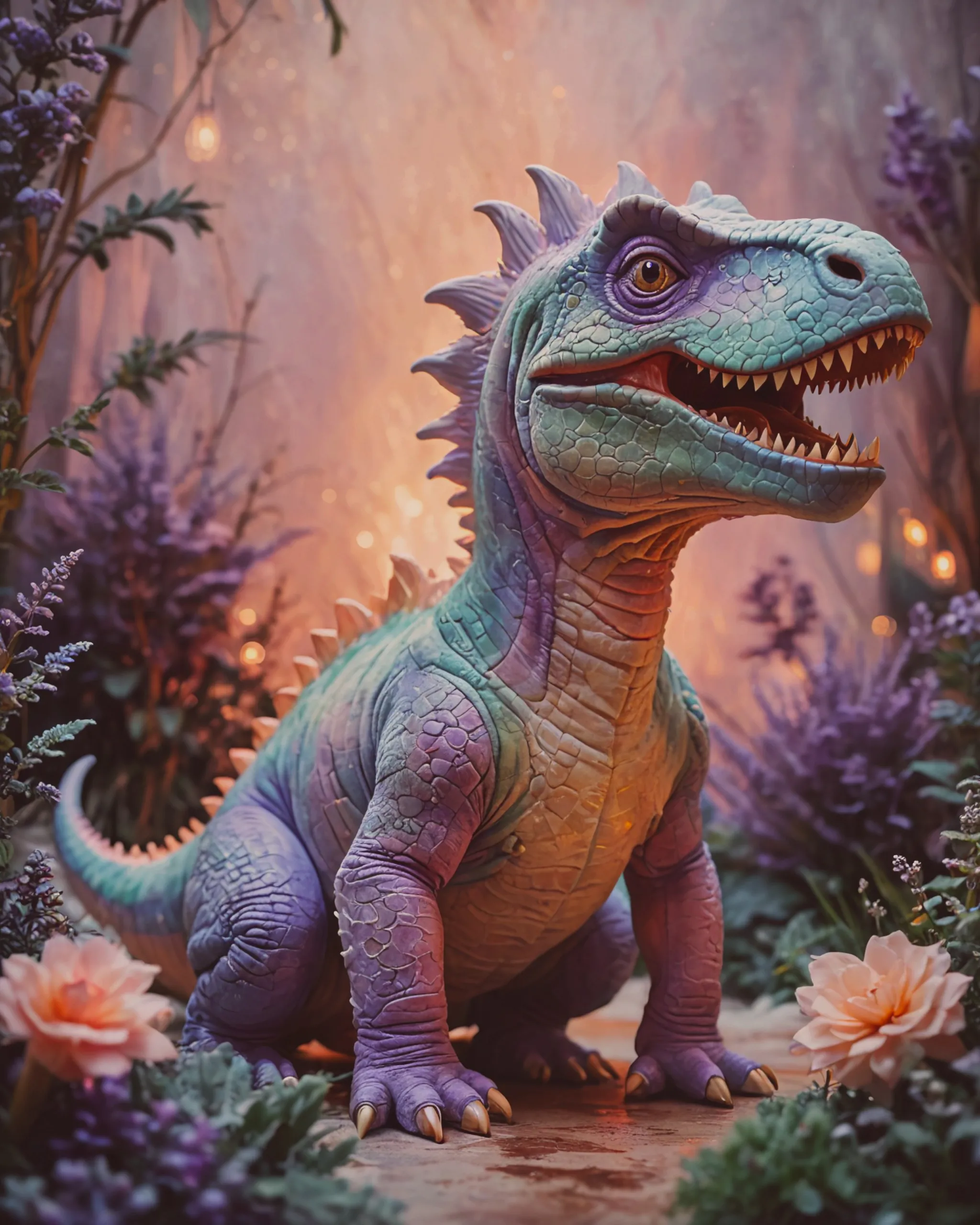 A rainbow tyranasaurus rex that's a little snuggly and cute realistic lifelike scales