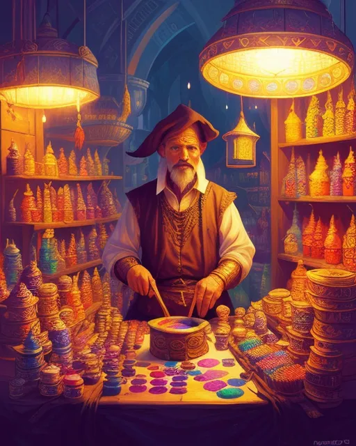 A merchant at an oriental street bazar who us selling all kinds of paint brushes, colorful powders and accessoires for art painting besides magical artefacts