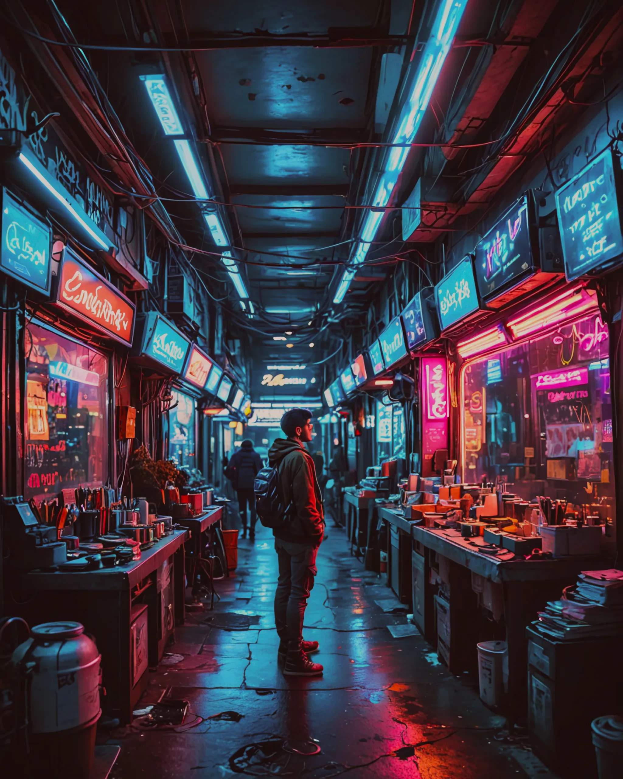 En una ciudad cyberpunk iluminada con luces de neón en una calle un hermoso bazaar donde lindas cestas repletas de hermosos pinceles  de distintos colores ,una joven toma un pincel que examina con detalle ,la vendedora alegre le muestra uno más sofisticado y mágico  con celdas de neón azul brillante 