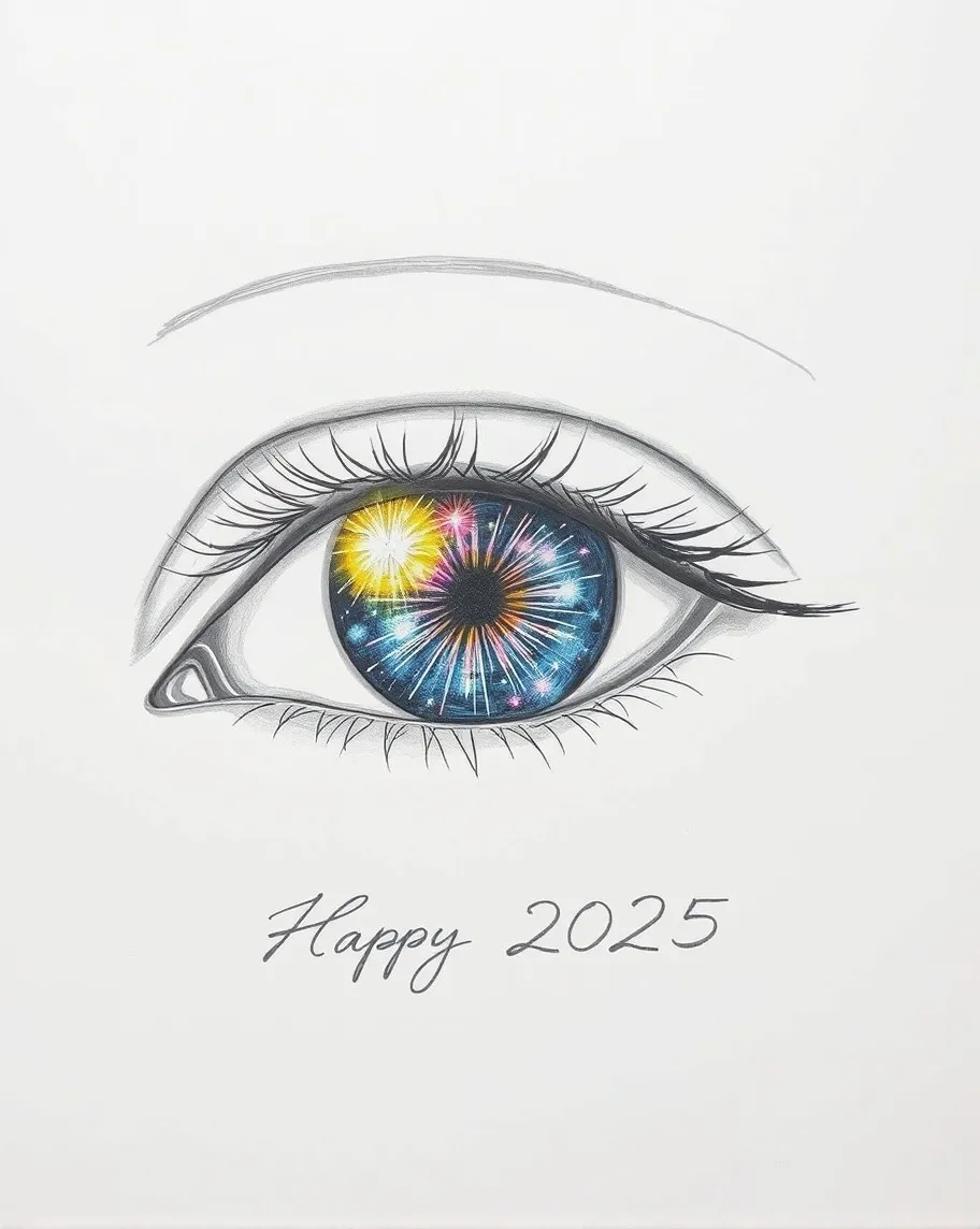 pencil sketch of an anatomically accurate eye, the iris in glowing showcasing colorful fireworks, clean lines, elegant composition with "Happy 2025" subtly placed below the eye