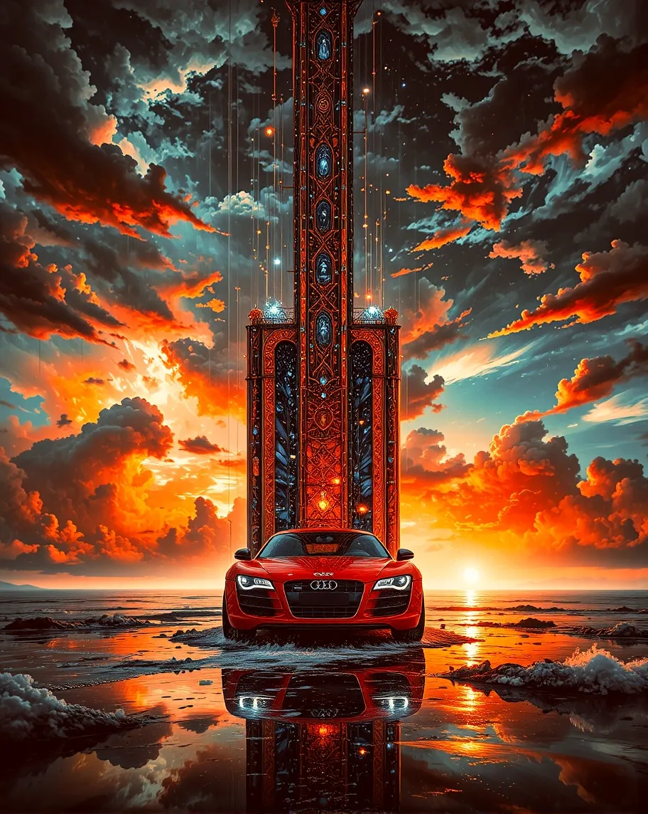 🌄🃏🪬🌌, surreal artwork by michiel schrijver and tishk barzanji,  hd, audi r8, psychedelic, seascape, thunderstorm, tornadic