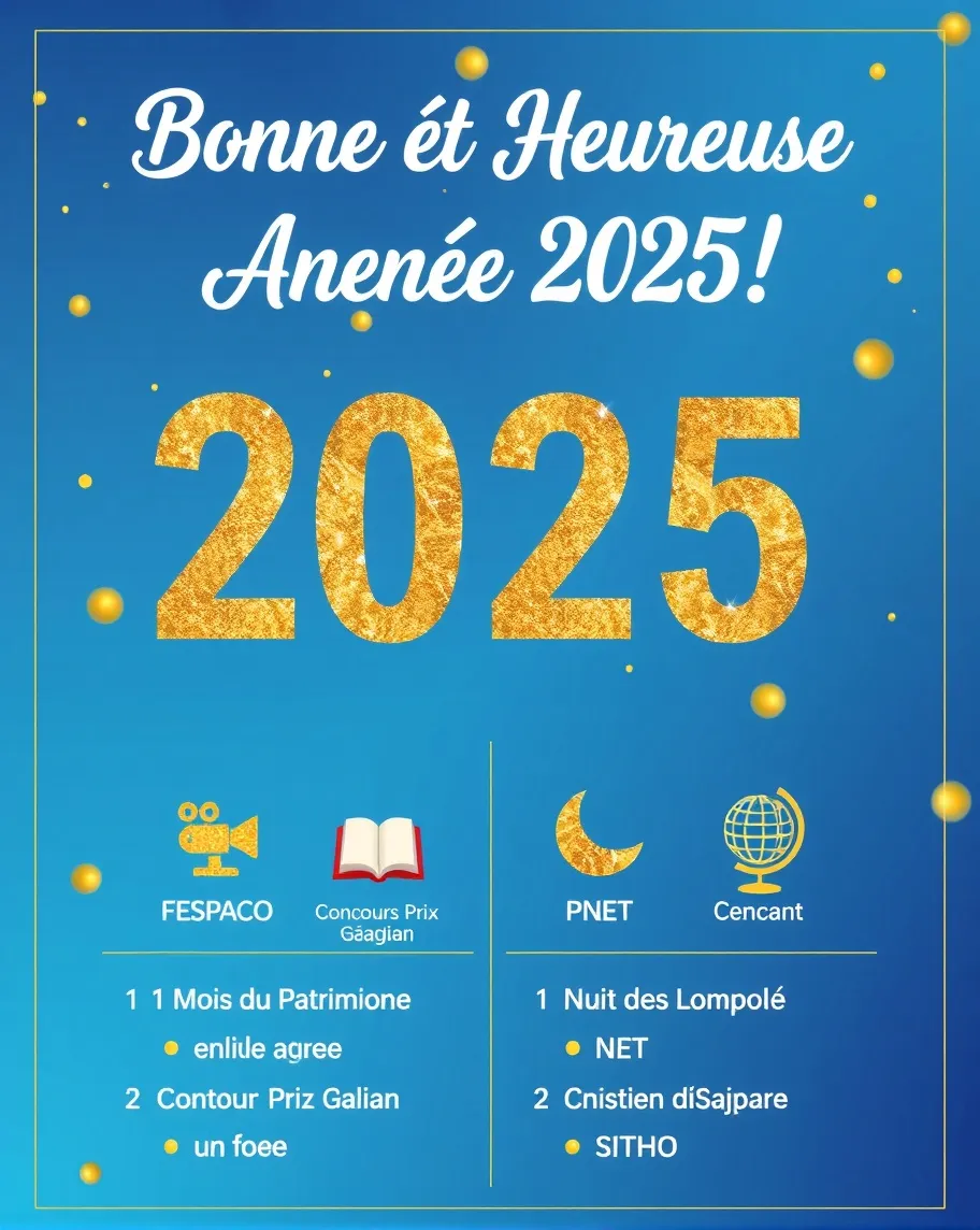 genère une affiche HD sur la base de ces informations : "Voici une idée d'esquisse que vous pourriez réaliserFond coloré : Choisissez un fond aux couleurs vives, comme un dégradé de bleu et d'or.Texte principal : En haut, écrivez "Bonne et Heureuse Année 2025 !" en grandes lettres, avec une typographie festive.Icônes : À côté de chaque événement, ajoutez des icônes ou illustrations pertinentes : - FESPACO : une caméra de film - Mois du Patrimoine : un livre ouvert - Concours Prix Galian : un trophée - FILO : des confettis - Nuit des Lompolo : un croissant de lune - PNET : un globe - SITHO