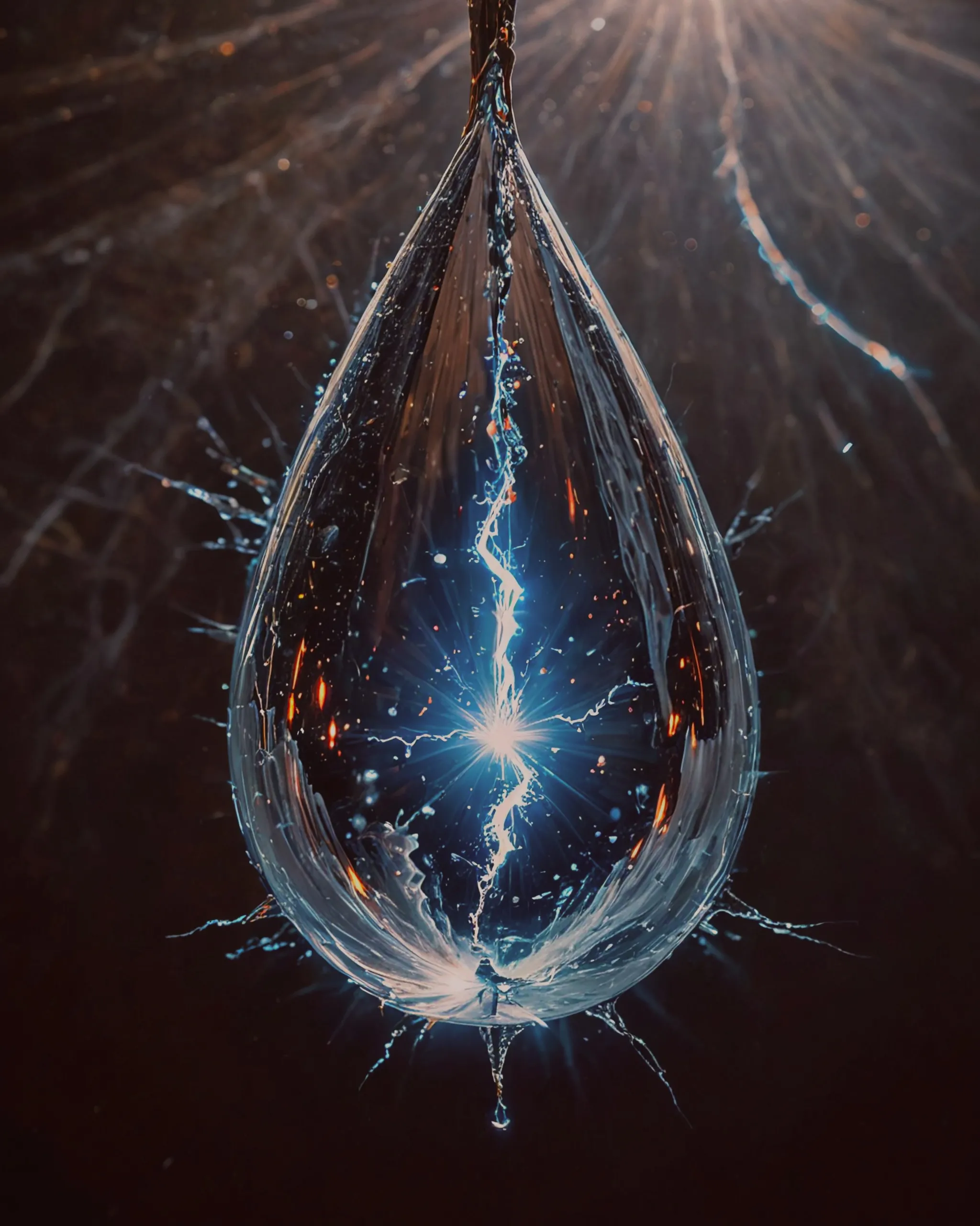 Create a hyper-realistic, hyper-detailed image of a wormhole contained within a drop of water. A plasmoid lightning bolt is striking the drop as it falls like a teardrop from an eye. The scene should be intricate, with interwoven details, sharp focus, and ultra HD clarity. Aim for the highest resolution possible to capture every aspect with stunning precision.