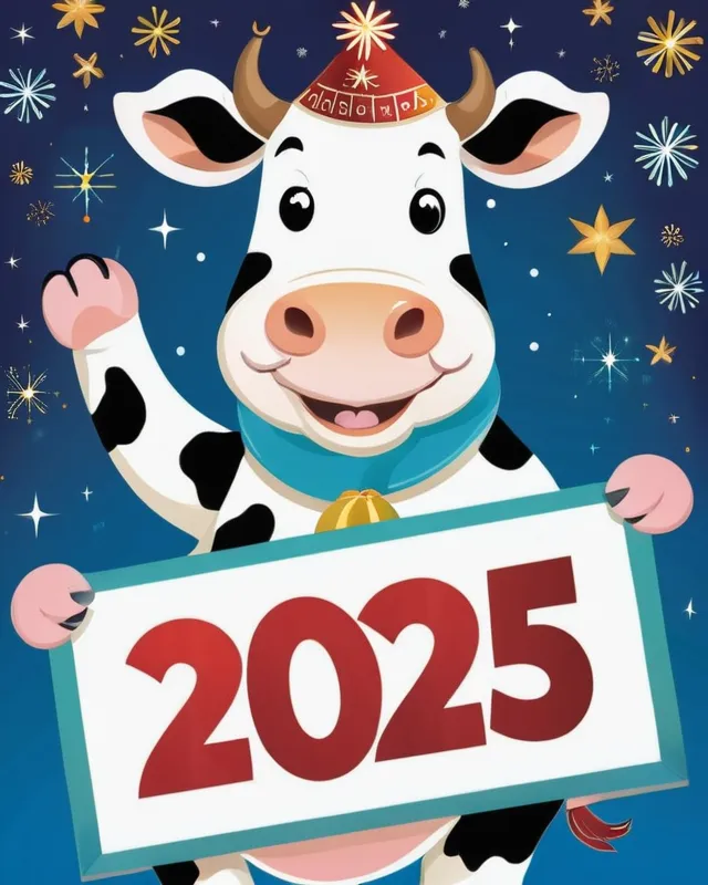 An illustration of a happy cow celebrating New Years Eve. The cow is holding a large wooden sign with the words “Happy 2025”.