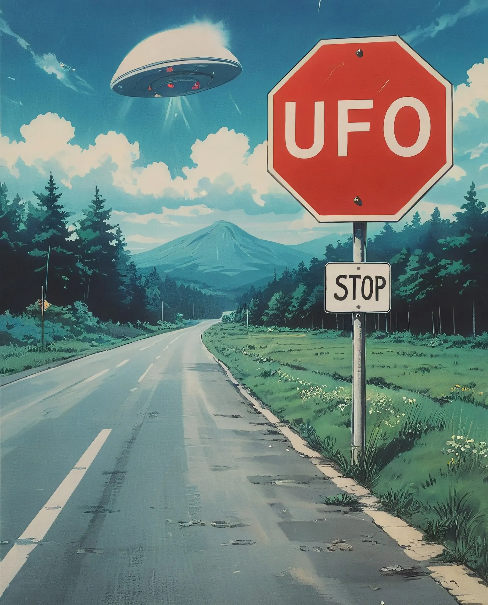 A big stop sign at a road that says UFO crossing 