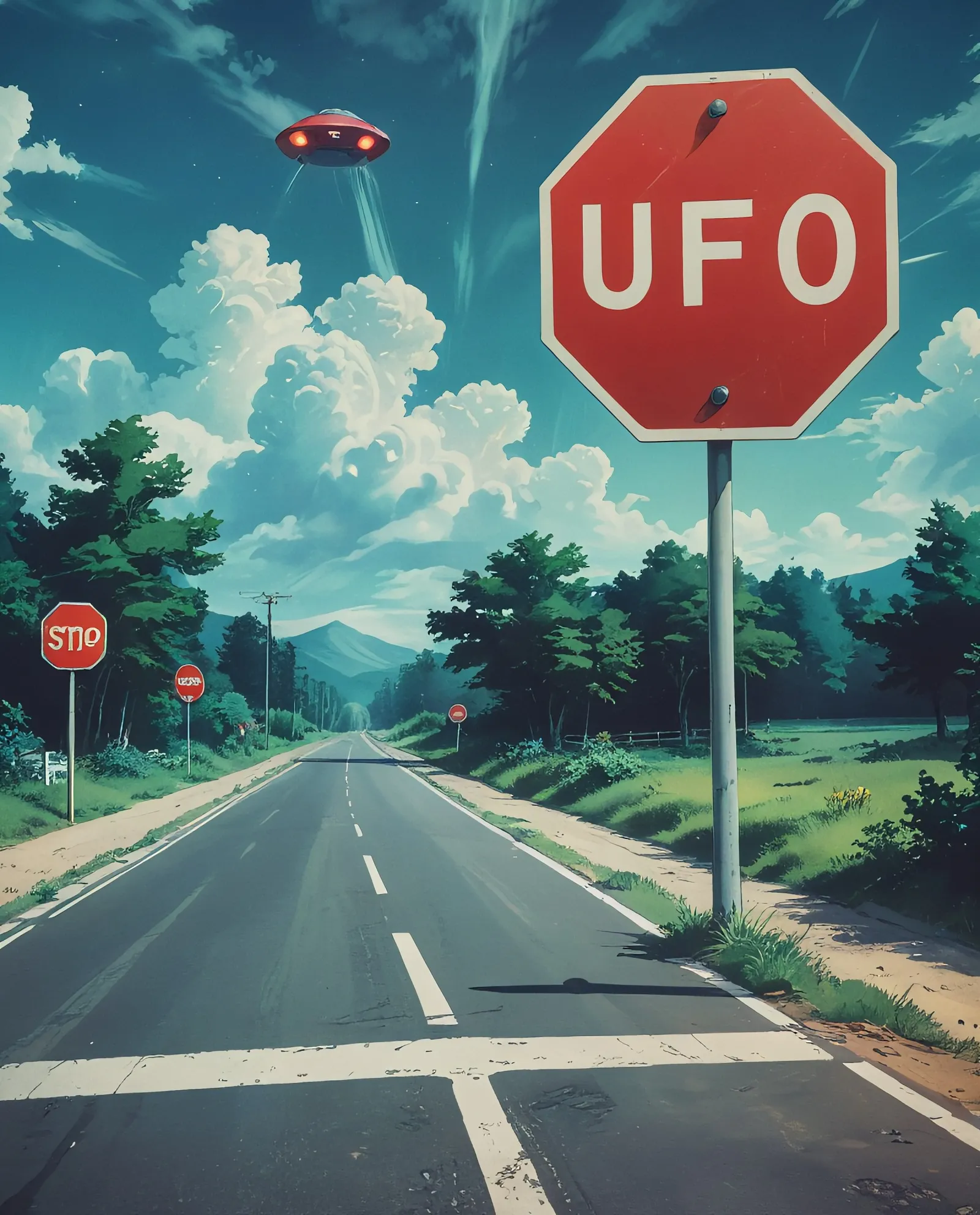 A big stop sign at a road that says UFO crossing 