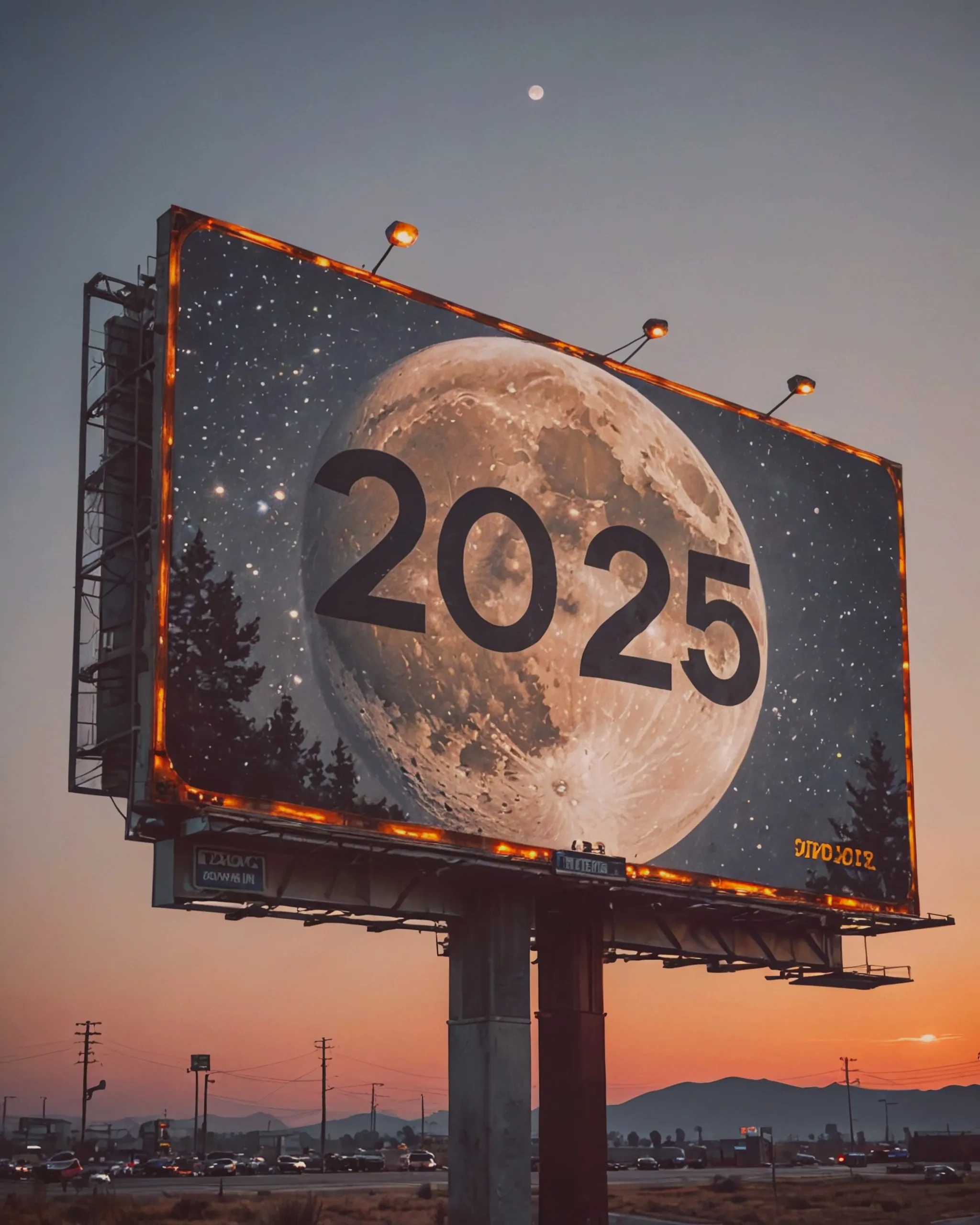 A big full moon over a billboard sign that says 2025 