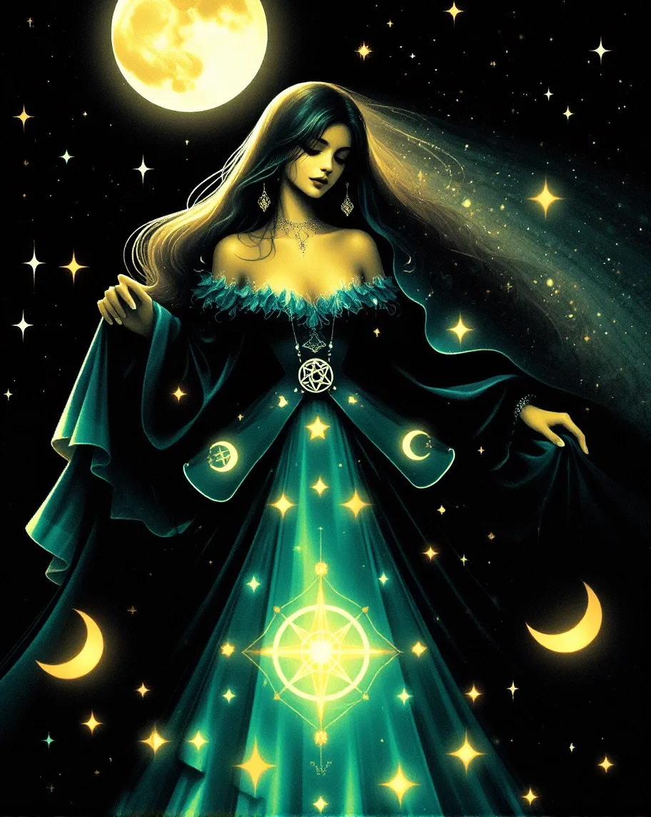 create a Hyperrealism image of a beautiful woman with a mystical magical enchanting romantic surrealism with a stark black and brilliant emerald colored  mystical, magical dress with mystical elements and magical adornments on it such as, glowing crescent Moon, sun, pagan star and pentagram all glowing bright in the color of gold .  she has  noticable magical mystical tasteful glowing gold jewelry on with a clear background with a beautiful large moon shining in the starry night sky with bright glowing stars 