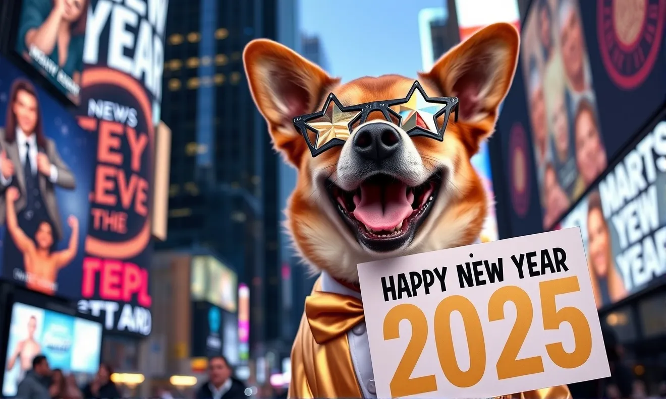 Happy dog showing wearing star shaped glasses and a gold tuxedo and holding up a sign saying “Happy New Year 2025” in Times Square New York City celebrating New Years Eve Party