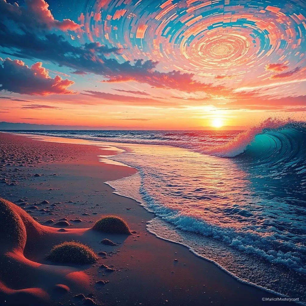 Depict a surrealistic beach with sands that sparkle like stars and waves shaped into mythical creatures. Include a sunset with unusual colors and a sky full of swirling patterns. Evoke the spirit of Mystical Masterpieces in this serene, dreamlike scene.