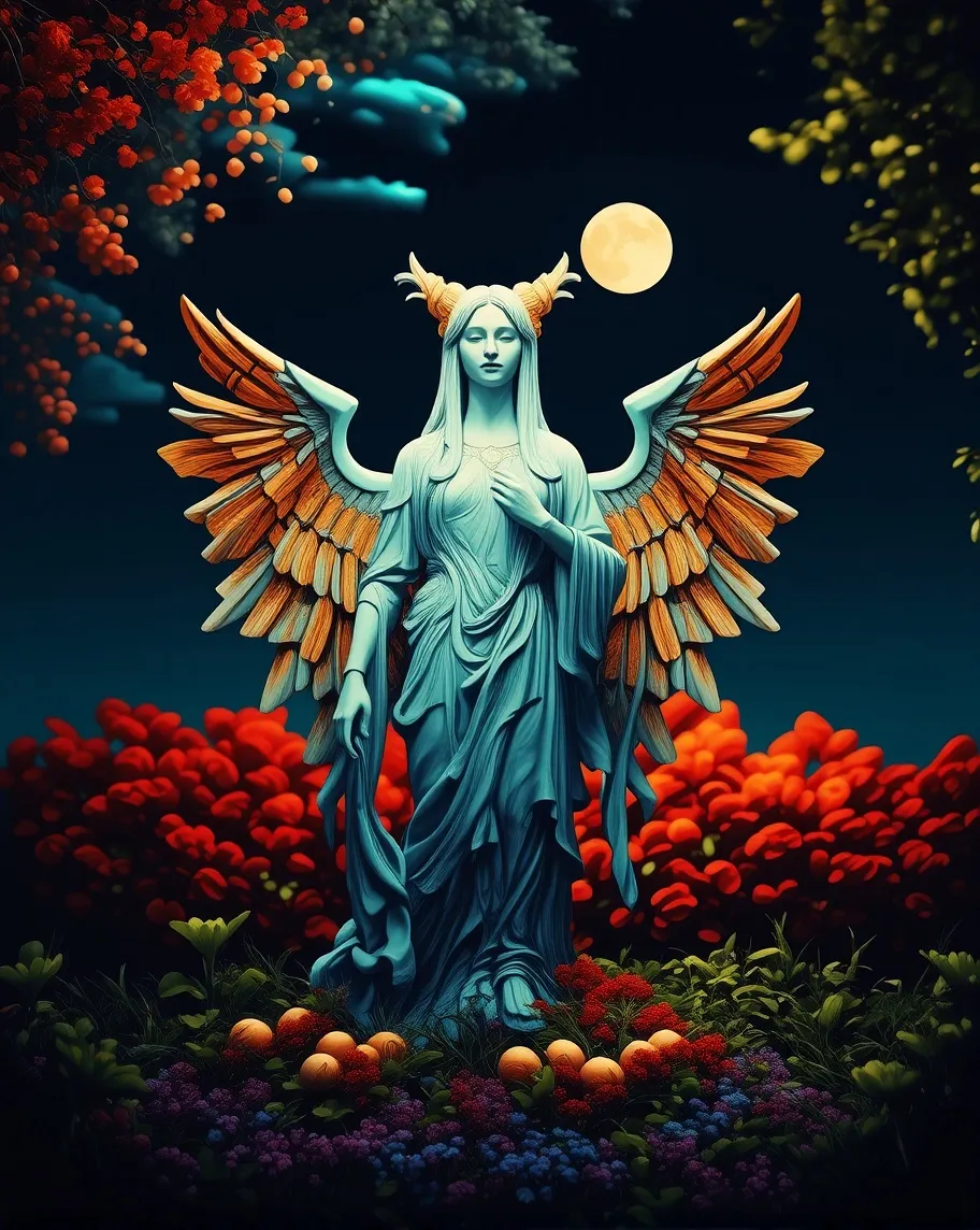 A mystical statue a garden, under - Free AI Photo Generator - starryai