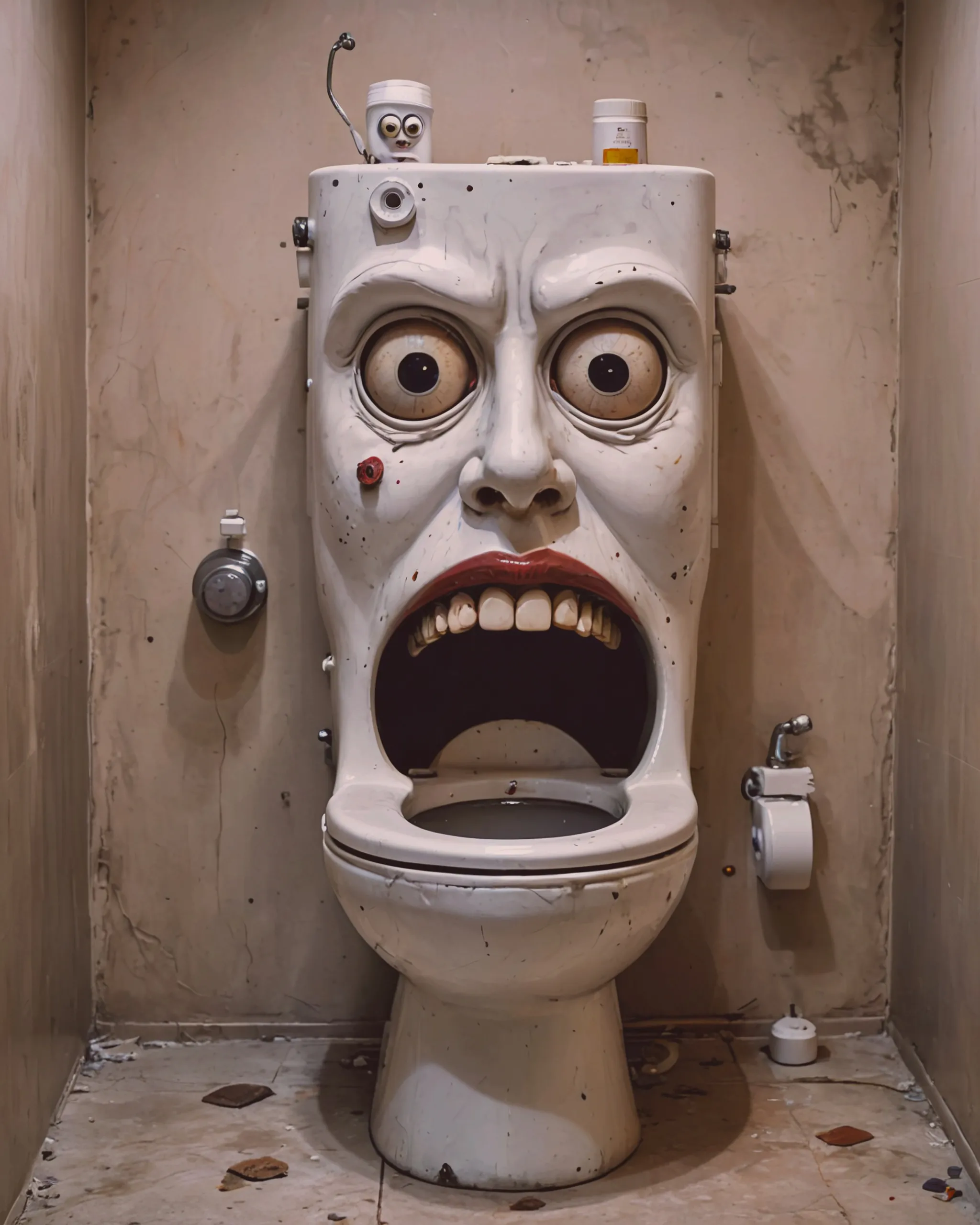 A toilet with a human head in it