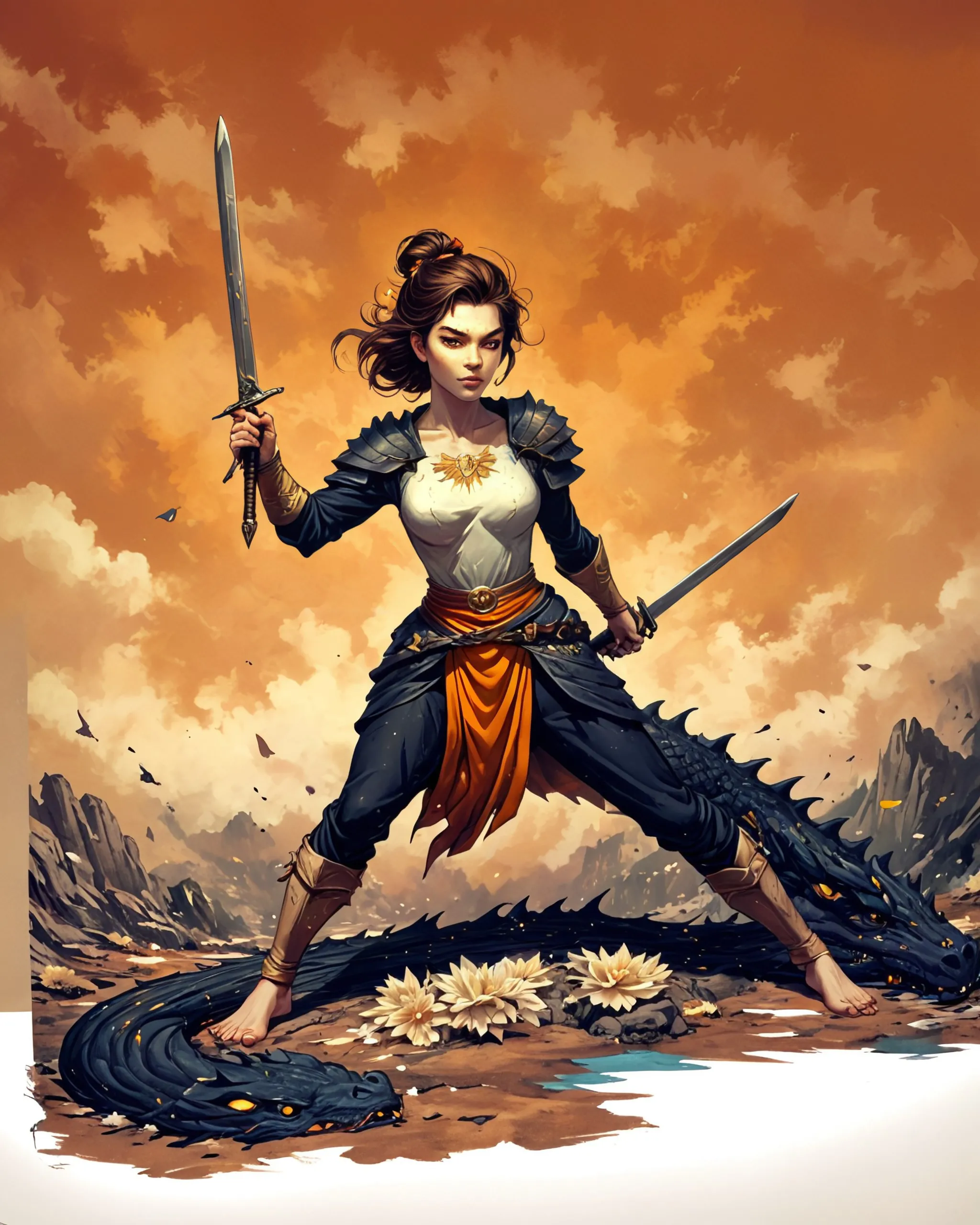 A woman wielding two swords over - Free AI Photo Generator - starryai