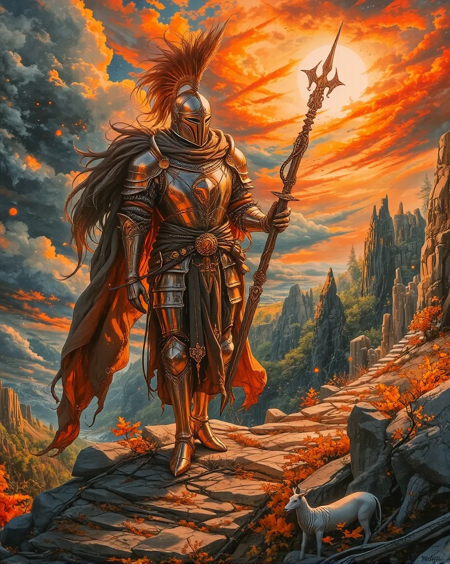 Tall heavy armoured knight in golden shells, golden hour, colorful, infinity, stygian, landscape, earth art, thunderstorm, firey, edvard munch