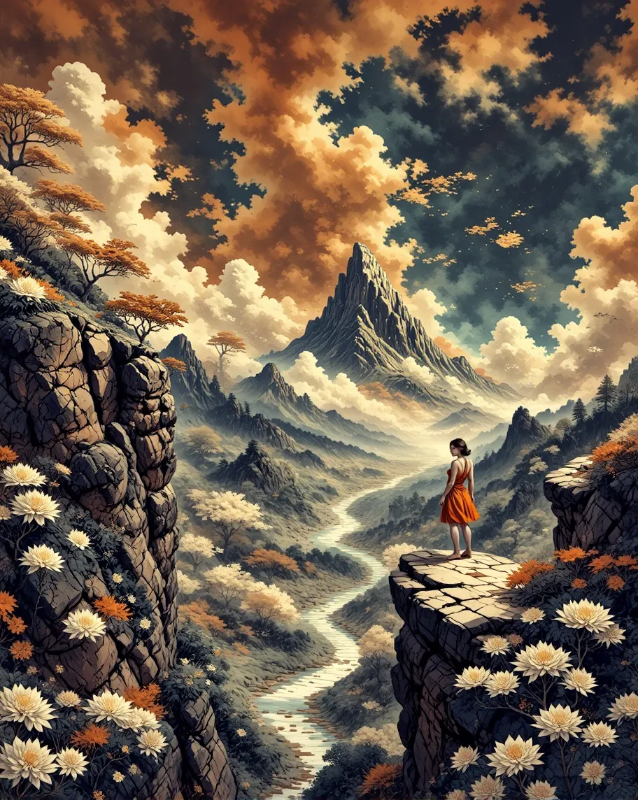 A woman standing at the edge of a cliff. Vector illustration 