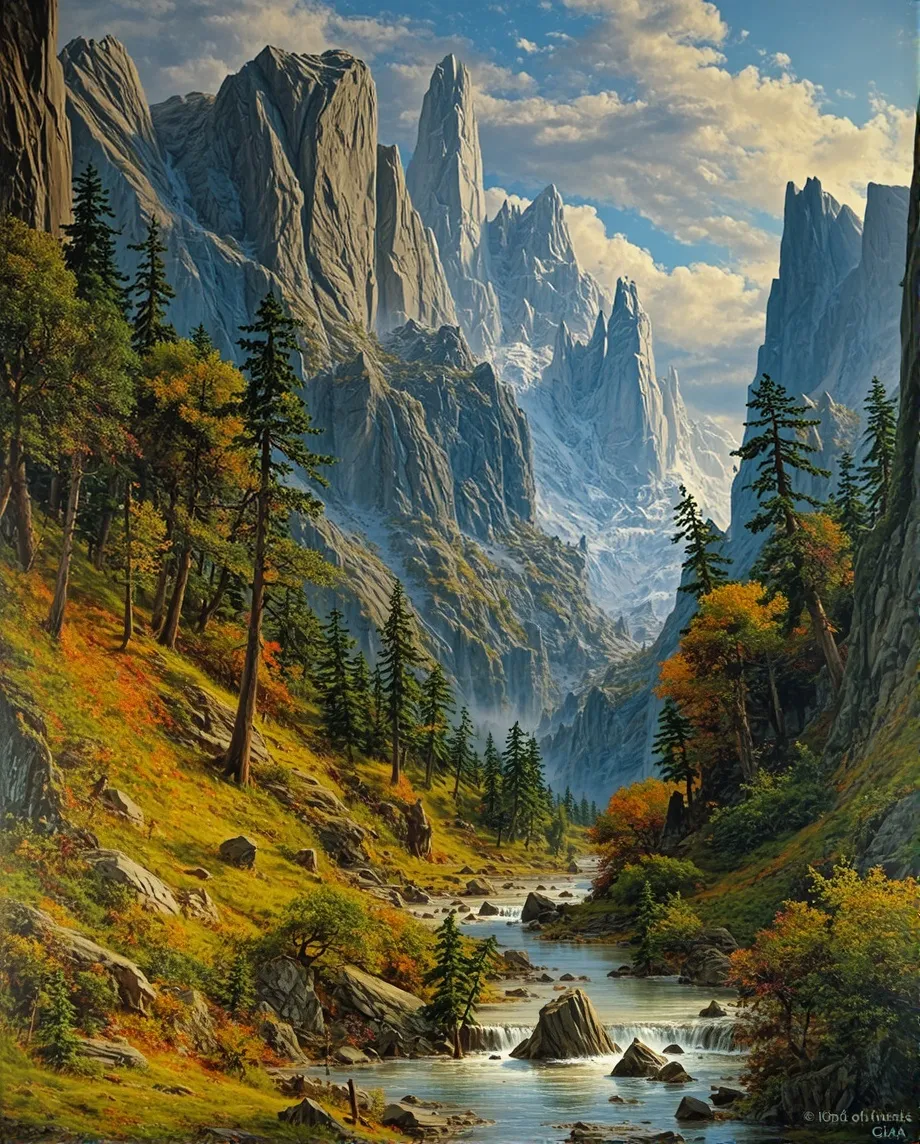 A beautiful mountain landscape with rim lighting, dramatic lighting, enchanting, beautiful, hdri, beautiful clouds, exceptionally rich detailed textures , Paint a magnificent mountain range in the left side of image and in the foreground an vibrant forest with a waterfall and stream, include brush strokes so as image looks like a hand painted picture