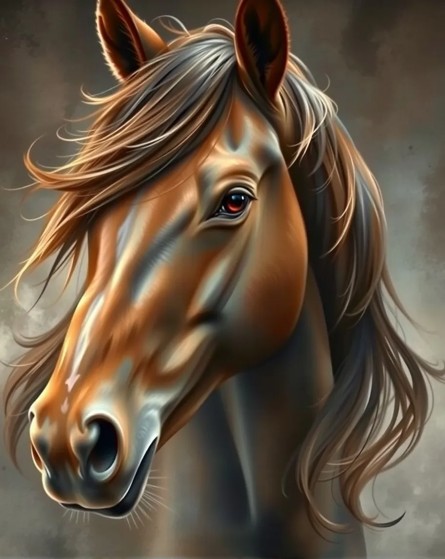 A beautiful watercolor portrait of a brown horse, elegant, swirling