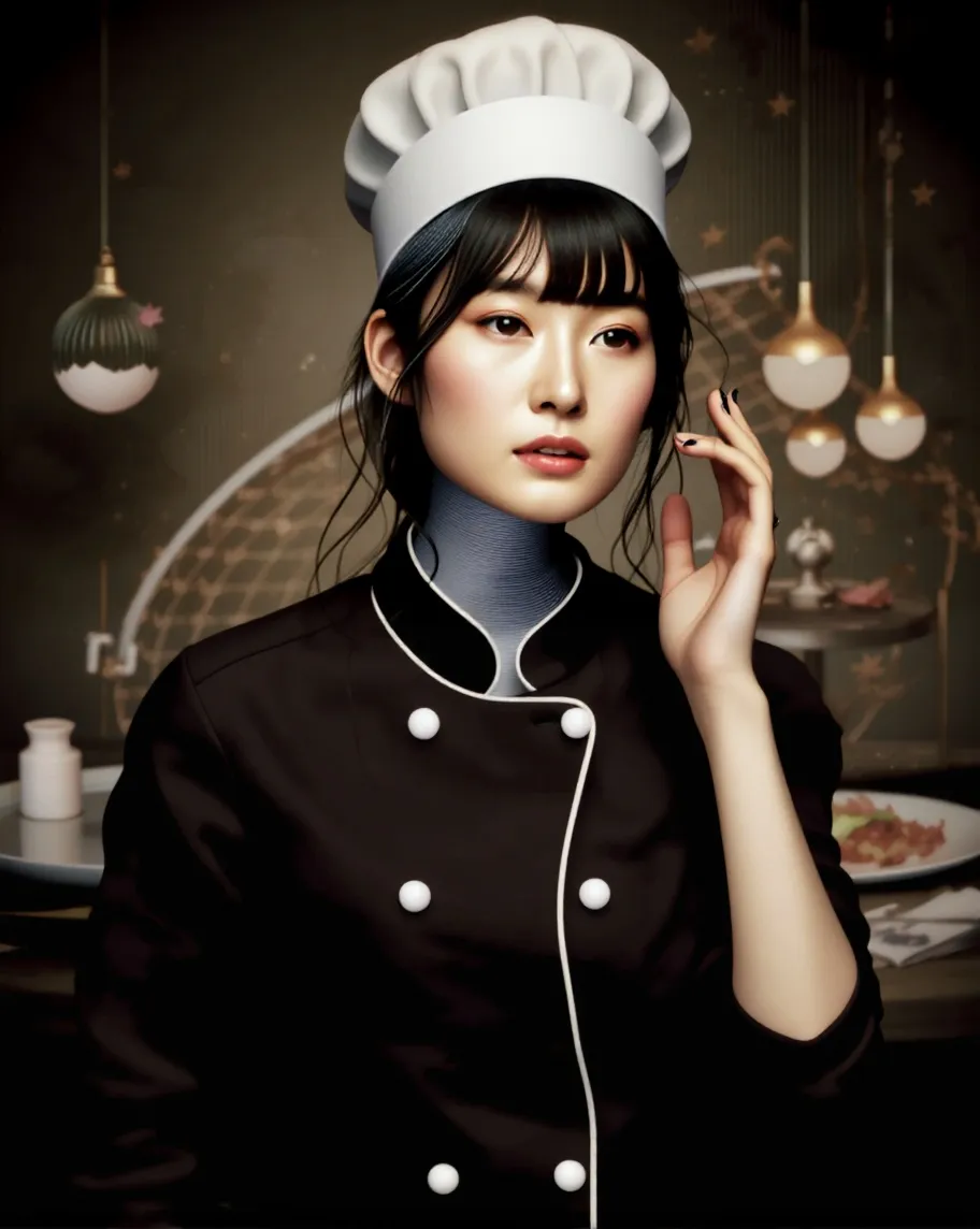 A beautiful Korean woman who is a chef, she is wearing a chef's coat and a toque. 