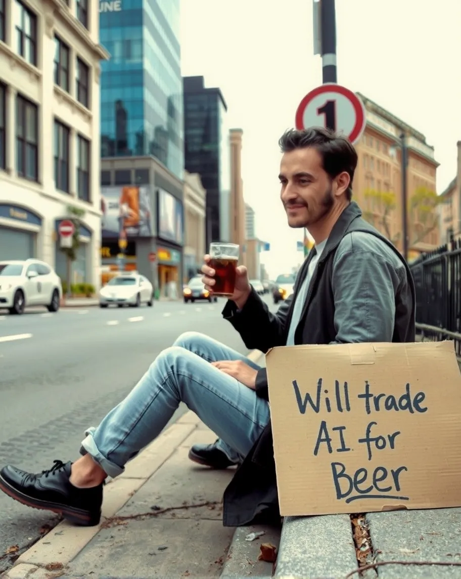 A talented and drunk artist sitting in the side of a road in a city with a piece of with a piece of cardboard to his side with a writing that says "Will trade AI for beer"