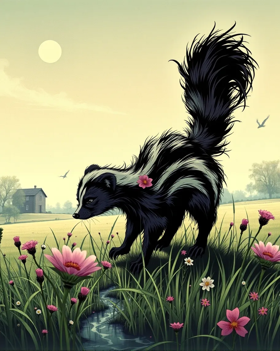 A floral skunk on grass