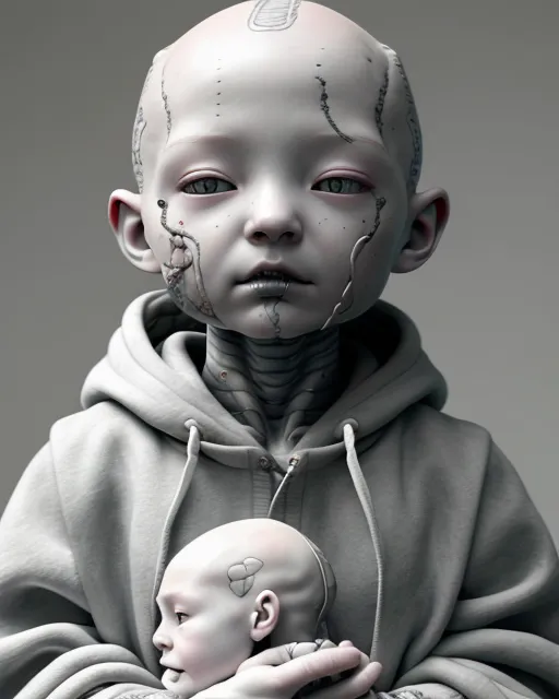 Sweet alien humanoïd child, little boy, white skinned, bald and blackeyed, holding a fluffy toy, wearing a grey cloak.