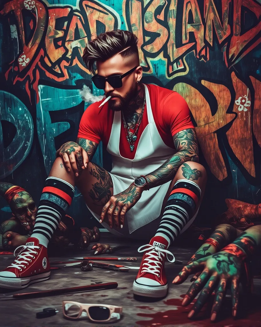 Logan from story of Dead Island game, but with tattoos and a modern, urban style. He is sitting on the floor against a graffiti wall that says "Dead Island". He is wearing his signature red t-shirt with a white apron, black and white socks and red converse sneakers, he has a black sunglasses. His expression is pensive and he is exhaling smoke, with a cigarette in his mouth, suggesting that he is smoking. Scattered around are objects such zombies, blood, corrupted hands and legs, creating a rebellious and contemporary atmosphere.