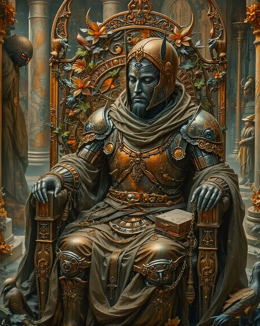 Metal Golem shaped ancient like a God, wearing ancient armor, covered in moss and rust, sitting bored on a ancient throne, in a glorious temple built for him, beautiful d&d character portrait, colorful fantasy, detailed, realistic face, digital portrait, intricate armor, fiverr dnd character, wlop, stanley artgerm lau, ilya kuvshinov, artstation, hd, octane render, hyperrealism, game art, animation, character design, creature design, anthropomorphic character, cartoon graphics, comic style, mixed media, detailed, stygian, meticulous, eldritch, elaborate, photorealistic, flickering light