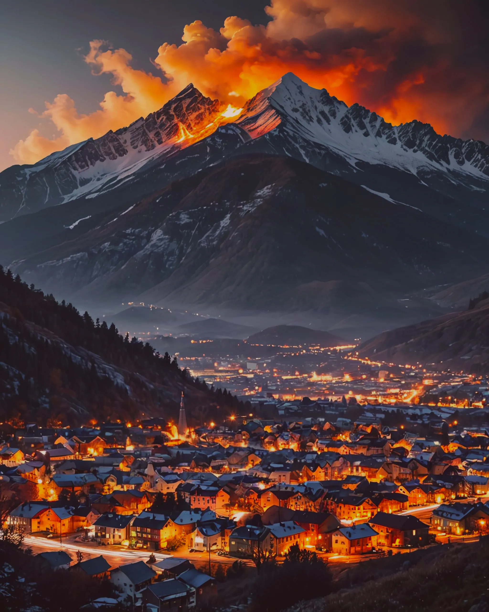 Small town below a mountain at - Free AI Photo Generator - starryai