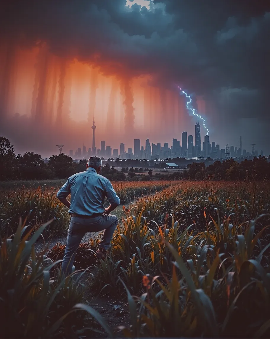 Farmer sits on his chair and looks at his large land and farm as the giant metropolis city in the horizon shines neon of an urban uprising of dark large concrete skyscrapers block out the sun glooming a dark shadow around his farm