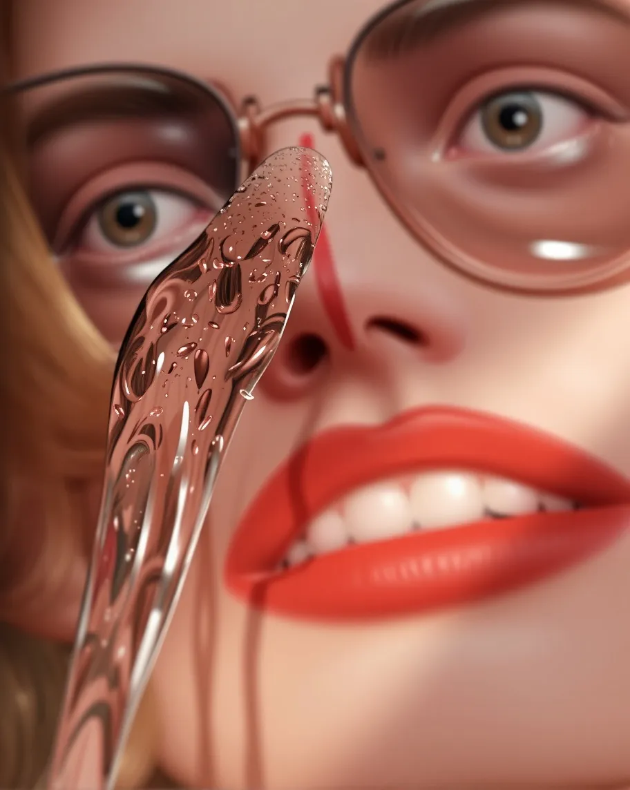 Supermodel closeup portrait, minimalistic photography, body painted white face with red line, wears sunglasses honney color, huge amount of water falls from above splashing on top of the head, 3dsmax, imax, houdini 3d, octane 3d, cinema4d, close-up, medium shot, bokeh, fast shutter speed, studio lighting, kodachrome