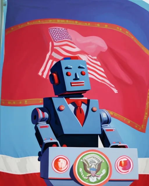 Robot president of the United States of America wearing a suit and tie, standing at a podium in front of the flag, giving a patriotic speech. Red, white, and blue. Inspiring. 