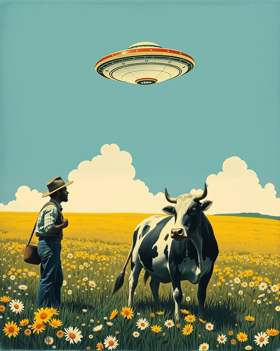 Farmer & cow & flying saucer sky. - Free AI Photo Generator - starryai