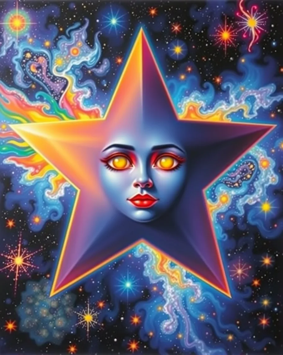 Star face.                     Hiroshi Nagai, vibrant colours, acrylic on canvas, vibrant, vivid, 16k, 1980s style art, HD, cosmic, eric ravilious,  pop art, a black void filled with galaxies, glittery, vibrant, Michael Cheval, hajime sorayama, Deborah Turbeville 