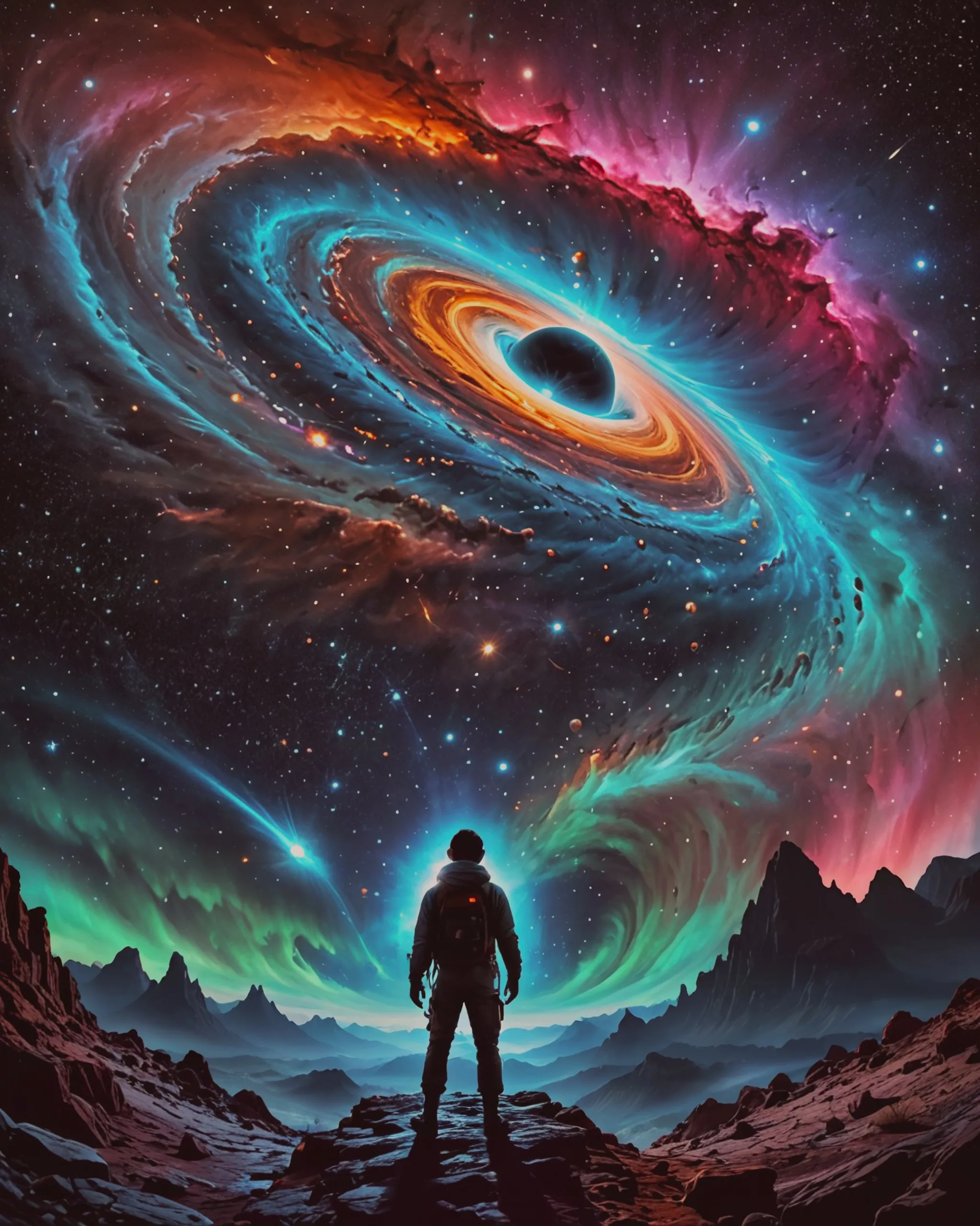 man looks into space galaxies - Free AI Photo Generator - starryai