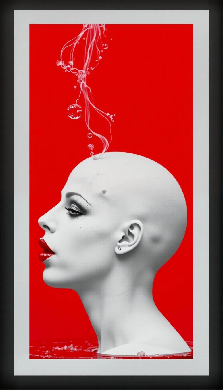 Neon white background. Neutral contrast. Sharp focus, Bald supermodel woman face painted white, lower half of head horizontally submerged in red liquid ink till shiny red lips, air bubbles floatin from mouth,  close up, fast shutter speed, defined direction, studio lighting, kodachrome