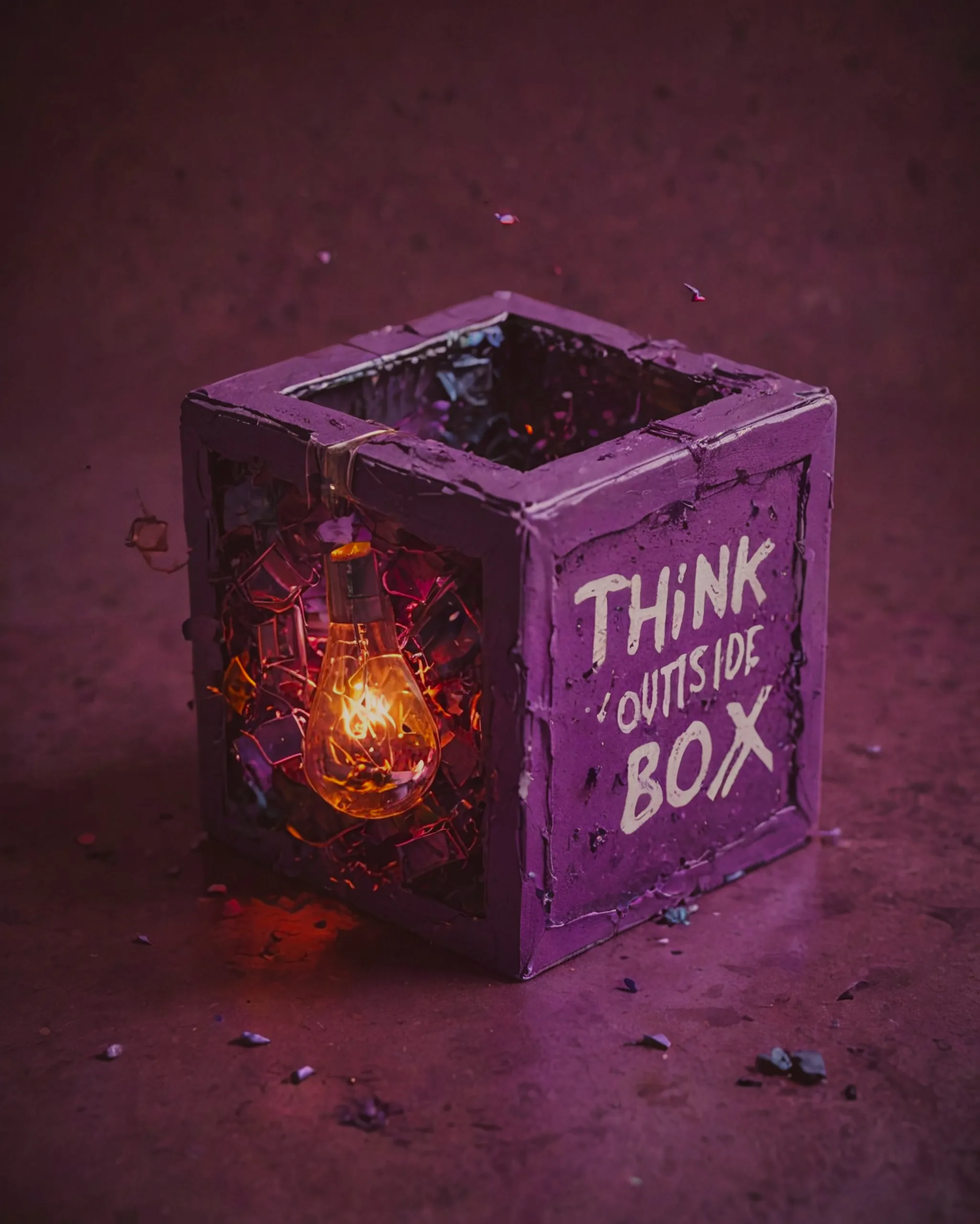 Poster. Purple colors. Think outside the box. Colorful. Creative. Beautiful. Inspiring 