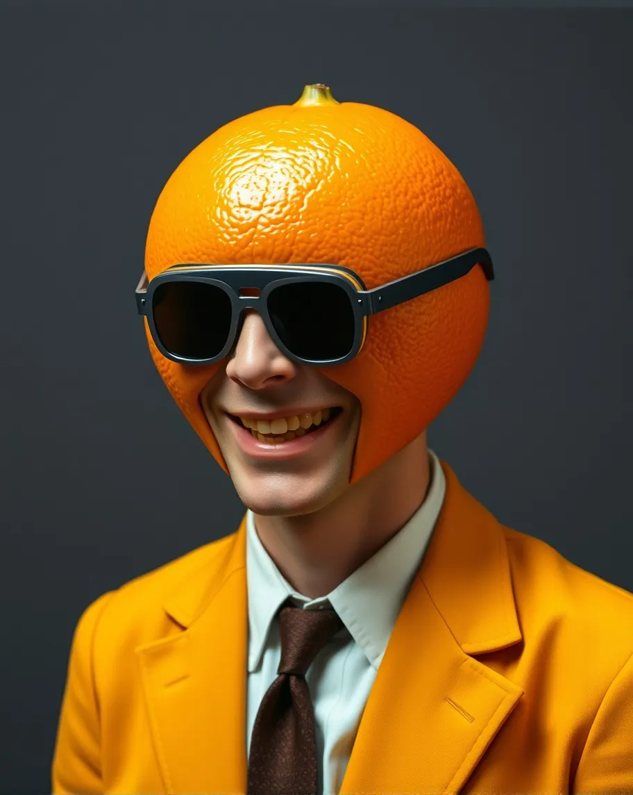 One of the moogs from a clockwork orange is a man with the head of an orange and a smile and cool vizor 