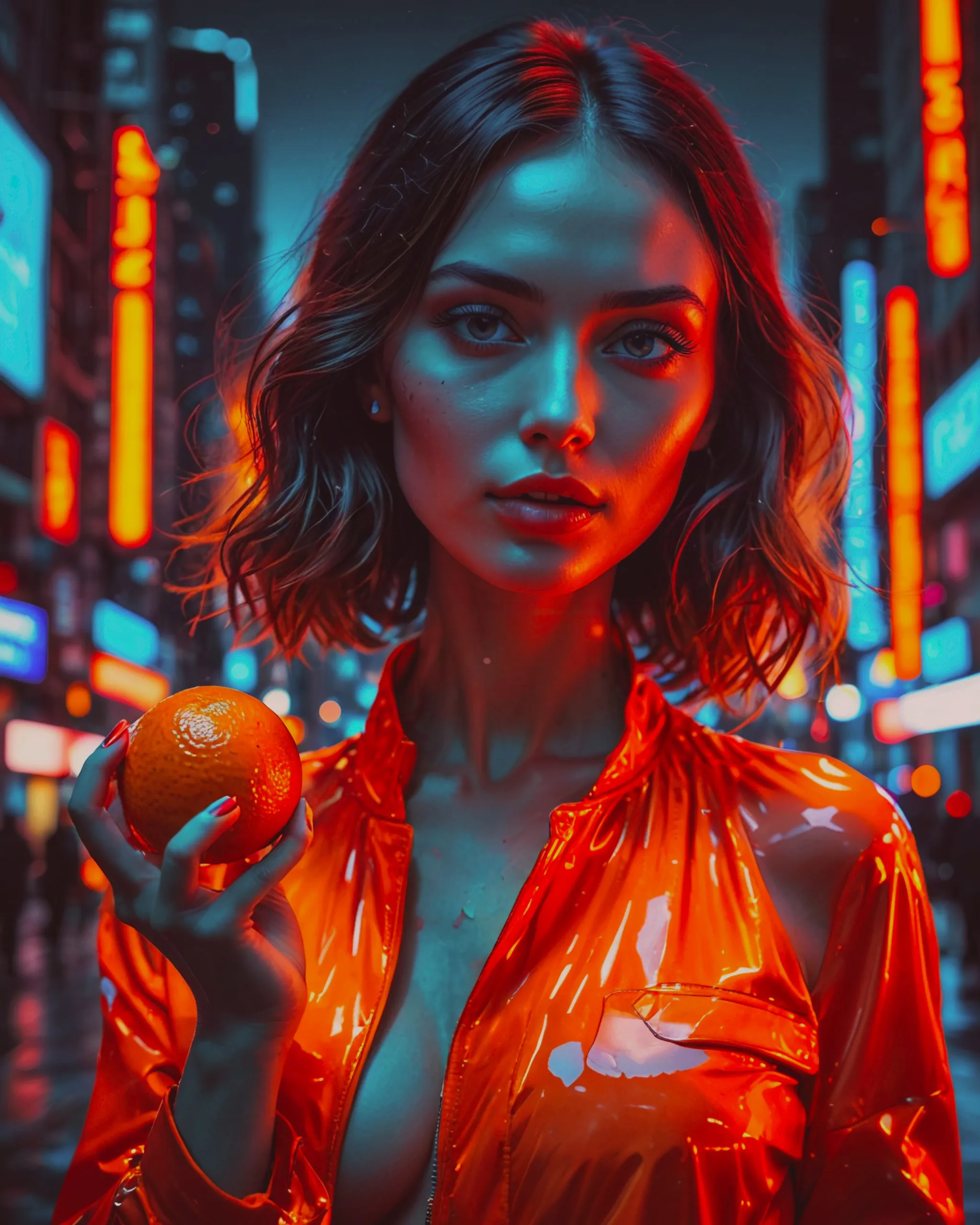 Orange in colour a lady with an orange in her hand that’s a fruit. It’s a close up picture. Futuristic chic 