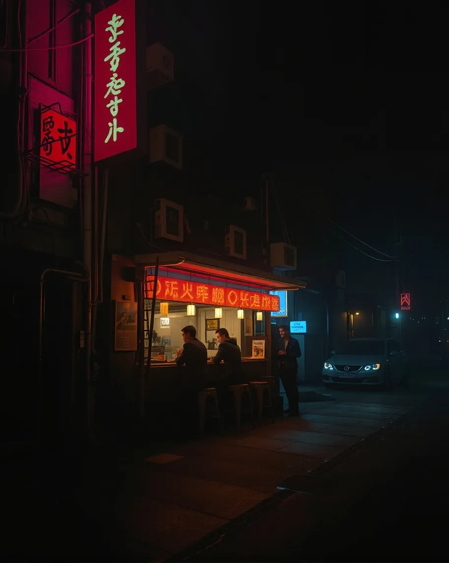 A bar at a street corner, people chatting on sidewalk, wet street pavement, dark smoky environment, glowing neon lights