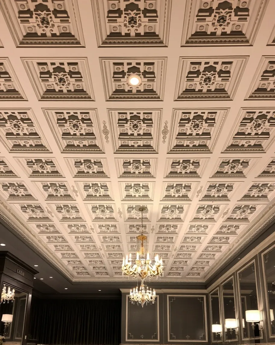 A hair salon with intricate gridwork of a coffered ceiling