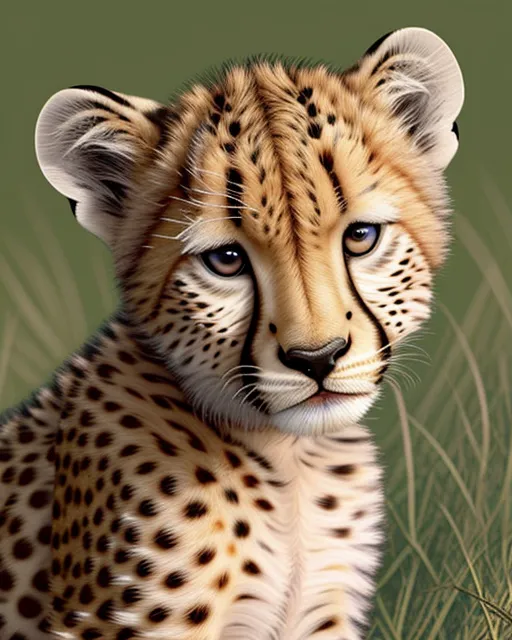 creates a hyper realistic 8K cheetah cub image with ultra detailed fur, facing forward with super cute eyes and a white background that contrasts with the fur colors.