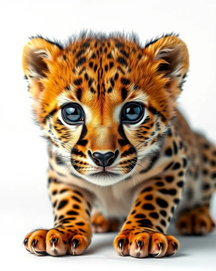 creates a hyper realistic 8K cheetah cub image with ultra detailed fur, facing forward with super cute eyes and a white background that contrasts with the fur colors.