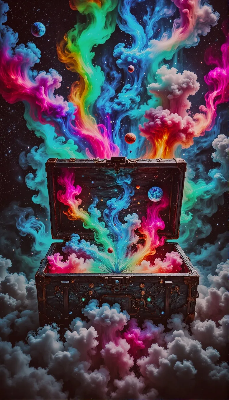 An open carved wooden chest with rainbow paint, space, planets & smoke Spewing out of it